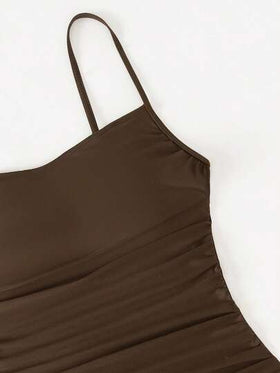 Swim Lushoire بدلة سباحة قطعة واحدة للنساء بحمالات رفيعة، لون بني داكن، مناسبة للعطلات والشاطئ، للربيع والصيف