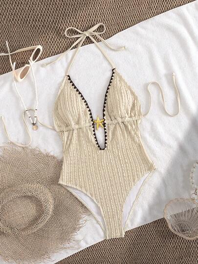 Swim Vcay بدلة سباحة قطعة واحدة للنساء بياقة عميقة على شكل حرف V مع ربطة عنق وزخرفة نجمة البحر المعدنية، موضة للشاطئ والمنتجعات