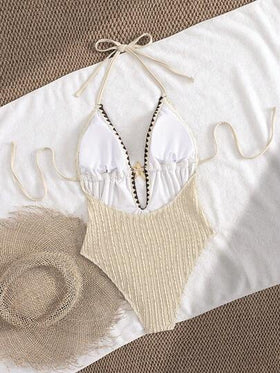 Swim Vcay بدلة سباحة قطعة واحدة للنساء بياقة عميقة على شكل حرف V مع ربطة عنق وزخرفة نجمة البحر المعدنية، موضة للشاطئ والمنتجعات
