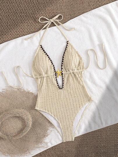 Swim Vcay بدلة سباحة قطعة واحدة للنساء بياقة عميقة على شكل حرف V مع ربطة عنق وزخرفة نجمة البحر المعدنية، موضة للشاطئ والمنتجعات