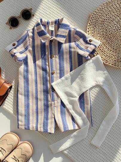 SHEIN مجموعة بدلة رومبر بولو قصيرة الأكمام مخططة وكاب للأطفال حديثي الولادة جنسين، مناسبة لحفلة عيد الميلاد، الحفلات المسائية، الحفلات، حفلات الزفاف، احتفال الشهر الأول، المعمودية وعيد الميلاد الأول