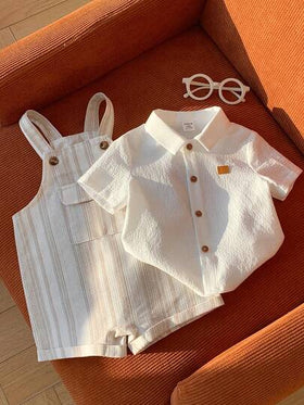 SHEIN مجموعة ملابس صيفية للأطفال الصبيان والجنسين، بذلة مخططة جذابة وقميص أبيض، مناسبة لحفلات عيد الميلاد والحفلات المسائية والأعراس وحفلات استقبال المولود الجديد وعيد الميلاد الأول، 2 قطعة/مجموعة