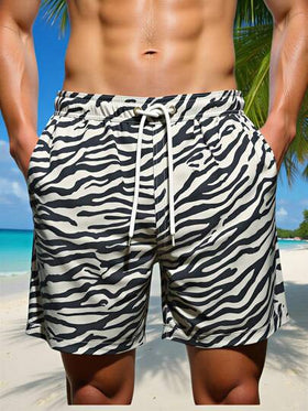 Manfinity Swimmode شورت كاجوال مريح للرجال بخصر رباط مطبوع بنمط الزيبرا، مناسب للشاطئ والصيف