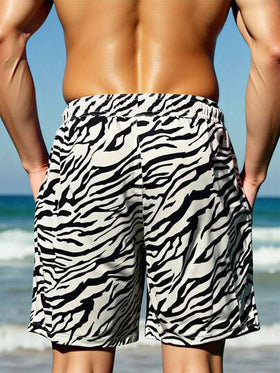 Manfinity Swimmode شورت كاجوال مريح للرجال بخصر رباط مطبوع بنمط الزيبرا، مناسب للشاطئ والصيف