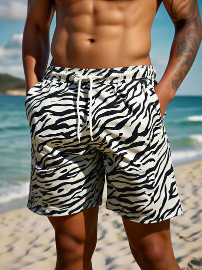 Manfinity Swimmode شورت كاجوال مريح للرجال بخصر رباط مطبوع بنمط الزيبرا، مناسب للشاطئ والصيف