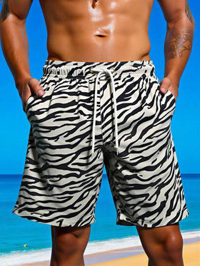 Manfinity Swimmode شورت كاجوال مريح للرجال بخصر رباط مطبوع بنمط الزيبرا، مناسب للشاطئ والصيف