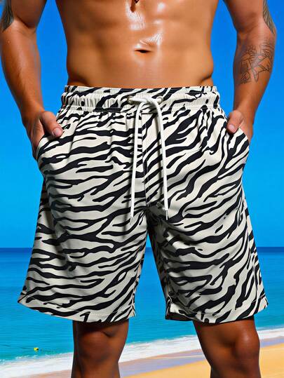 Manfinity Swimmode شورت كاجوال مريح للرجال بخصر رباط مطبوع بنمط الزيبرا، مناسب للشاطئ والصيف