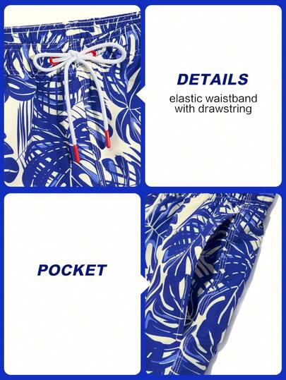 Manfinity Swimmode شورت شاطئ للرجال بخصر مرن وجيوب مع طباعة نباتات استوائية