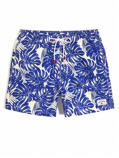 Manfinity Swimmode شورت شاطئ للرجال بخصر مرن وجيوب مع طباعة نباتات استوائية