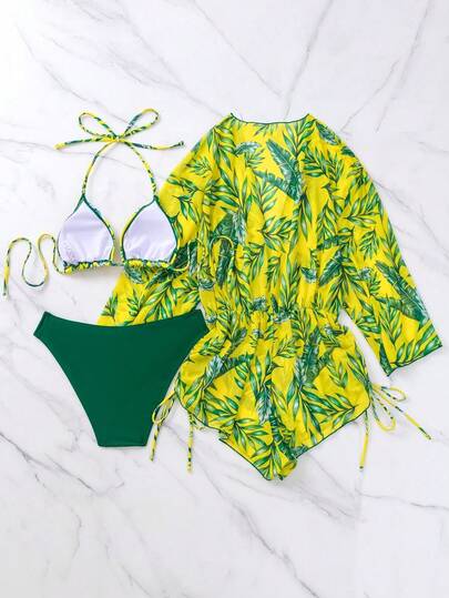 Swim Lushoire بدلات السباحة للنساء في الصيف 3 حزم عشوائية بطبعات استوائية، بيكيني بحزام رباط عند الرقبة وجانبي الخصر