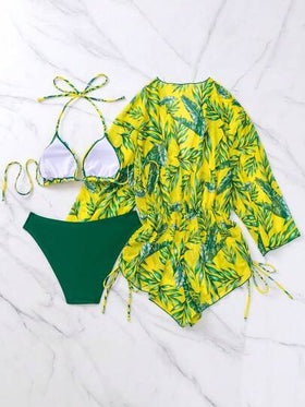 Swim Lushoire بدلات السباحة للنساء في الصيف 3 حزم عشوائية بطبعات استوائية، بيكيني بحزام رباط عند الرقبة وجانبي الخصر