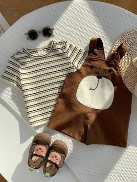 SHEIN مجموعة ملابس علوية كنزة قصير الأكمام مخطط وسروال بيب بتصميم دب ثلاثي الأبعاد، ملابس ربيع/صيف للأطفال الرضع الجنسين