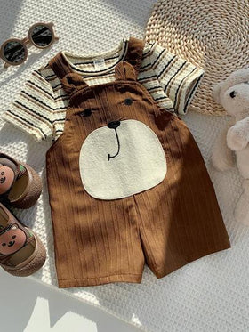 SHEIN مجموعة ملابس علوية كنزة قصير الأكمام مخطط وسروال بيب بتصميم دب ثلاثي الأبعاد، ملابس ربيع/صيف للأطفال الرضع الجنسين