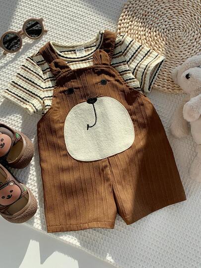 SHEIN مجموعة ملابس علوية كنزة قصير الأكمام مخطط وسروال بيب بتصميم دب ثلاثي الأبعاد، ملابس ربيع/صيف للأطفال الرضع الجنسين