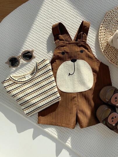 SHEIN مجموعة ملابس علوية كنزة قصير الأكمام مخطط وسروال بيب بتصميم دب ثلاثي الأبعاد، ملابس ربيع/صيف للأطفال الرضع الجنسين