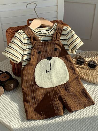 SHEIN مجموعة ملابس علوية كنزة قصير الأكمام مخطط وسروال بيب بتصميم دب ثلاثي الأبعاد، ملابس ربيع/صيف للأطفال الرضع الجنسين