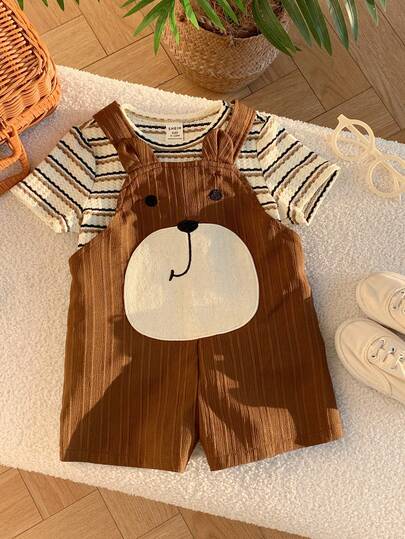 SHEIN مجموعة ملابس علوية كنزة قصير الأكمام مخطط وسروال بيب بتصميم دب ثلاثي الأبعاد، ملابس ربيع/صيف للأطفال الرضع الجنسين