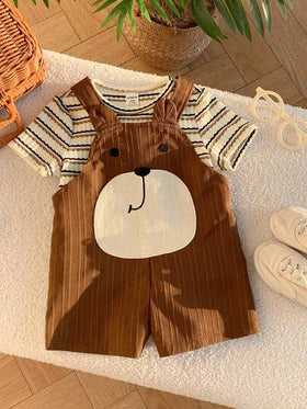 SHEIN مجموعة ملابس علوية كنزة قصير الأكمام مخطط وسروال بيب بتصميم دب ثلاثي الأبعاد، ملابس ربيع/صيف للأطفال الرضع الجنسين
