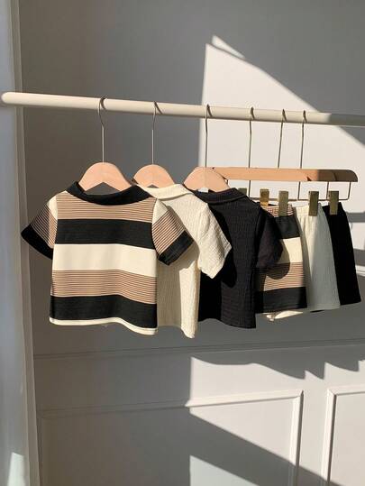 SHEIN 6 قطع/مجموعة بدلة قميص بياقة بولو وشورت للأطفال الرضع الصبيان/البنات، بتصميم مخطط وألوان سادة، قصيرة الأكمام، ملابس أطفال للربيع والصيف