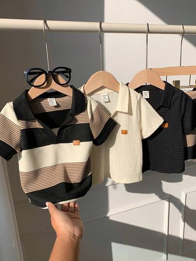 SHEIN 6 قطع/مجموعة بدلة قميص بياقة بولو وشورت للأطفال الرضع الصبيان/البنات، بتصميم مخطط وألوان سادة، قصيرة الأكمام، ملابس أطفال للربيع والصيف