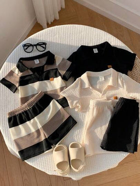 SHEIN 6 قطع/مجموعة بدلة قميص بياقة بولو وشورت للأطفال الرضع الصبيان/البنات، بتصميم مخطط وألوان سادة، قصيرة الأكمام، ملابس أطفال للربيع والصيف