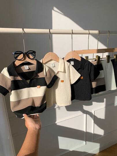 SHEIN 6 قطع/مجموعة بدلة قميص بياقة بولو وشورت للأطفال الرضع الصبيان/البنات، بتصميم مخطط وألوان سادة، قصيرة الأكمام، ملابس أطفال للربيع والصيف