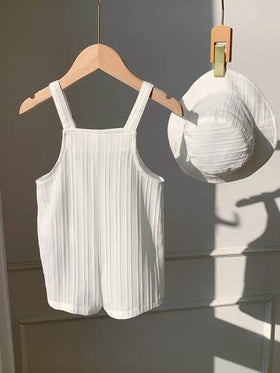 SHEIN طقم رومبير أبيض كاجوال متعدد الاستخدامات للأطفال حديثي الولادة من الجنسين، مع سروال بيب وقبعة شمس، مناسب للارتداء في الربيع والصيف في المنزل أو في الخارج