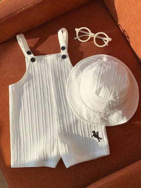 SHEIN طقم رومبير أبيض كاجوال متعدد الاستخدامات للأطفال حديثي الولادة من الجنسين، مع سروال بيب وقبعة شمس، مناسب للارتداء في الربيع والصيف في المنزل أو في الخارج