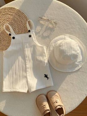 SHEIN طقم رومبير أبيض كاجوال متعدد الاستخدامات للأطفال حديثي الولادة من الجنسين، مع سروال بيب وقبعة شمس، مناسب للارتداء في الربيع والصيف في المنزل أو في الخارج