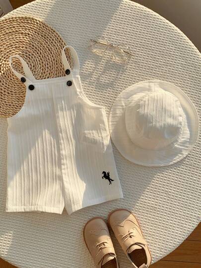 SHEIN طقم رومبير أبيض كاجوال متعدد الاستخدامات للأطفال حديثي الولادة من الجنسين، مع سروال بيب وقبعة شمس، مناسب للارتداء في الربيع والصيف في المنزل أو في الخارج
