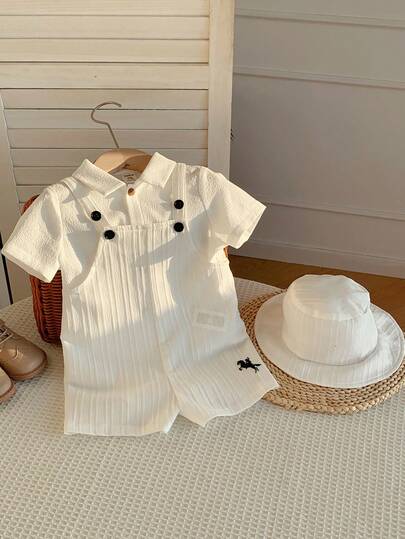 SHEIN طقم رومبير أبيض كاجوال متعدد الاستخدامات للأطفال حديثي الولادة من الجنسين، مع سروال بيب وقبعة شمس، مناسب للارتداء في الربيع والصيف في المنزل أو في الخارج
