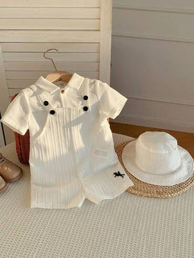 SHEIN طقم رومبير أبيض كاجوال متعدد الاستخدامات للأطفال حديثي الولادة من الجنسين، مع سروال بيب وقبعة شمس، مناسب للارتداء في الربيع والصيف في المنزل أو في الخارج