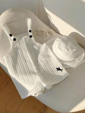 SHEIN طقم رومبير أبيض كاجوال متعدد الاستخدامات للأطفال حديثي الولادة من الجنسين، مع سروال بيب وقبعة شمس، مناسب للارتداء في الربيع والصيف في المنزل أو في الخارج