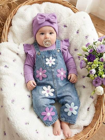 SHEIN Vintaside Kids مجموعة ملابس للأطفال الرضع من 0-3 سنوات، بنطلون جينز مطرز بالزهور، ملابس علوية بأكمام طويلة وياقة مستديرة، وبنطلون جينز بيبي، مناسبة للخروج والتسوق والارتداء اليومي