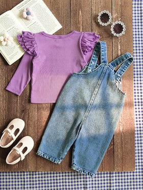 SHEIN Vintaside Kids مجموعة ملابس للأطفال الرضع من 0-3 سنوات، بنطلون جينز مطرز بالزهور، ملابس علوية بأكمام طويلة وياقة مستديرة، وبنطلون جينز بيبي، مناسبة للخروج والتسوق والارتداء اليومي