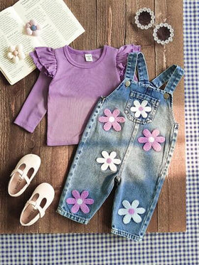 SHEIN Vintaside Kids مجموعة ملابس للأطفال الرضع من 0-3 سنوات، بنطلون جينز مطرز بالزهور، ملابس علوية بأكمام طويلة وياقة مستديرة، وبنطلون جينز بيبي، مناسبة للخروج والتسوق والارتداء اليومي