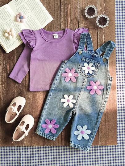 SHEIN Vintaside Kids مجموعة ملابس للأطفال الرضع من 0-3 سنوات، بنطلون جينز مطرز بالزهور، ملابس علوية بأكمام طويلة وياقة مستديرة، وبنطلون جينز بيبي، مناسبة للخروج والتسوق والارتداء اليومي