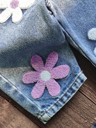 SHEIN Vintaside Kids مجموعة ملابس للأطفال الرضع من 0-3 سنوات، بنطلون جينز مطرز بالزهور، ملابس علوية بأكمام طويلة وياقة مستديرة، وبنطلون جينز بيبي، مناسبة للخروج والتسوق والارتداء اليومي