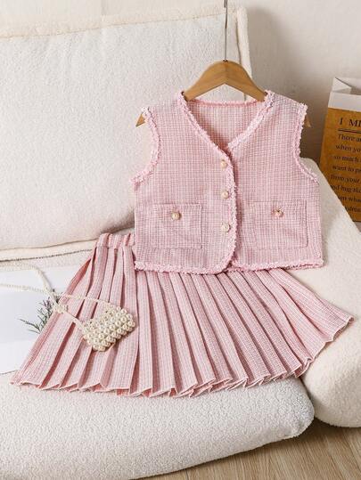 SHEIN طقم أنيق بلا أكمام من الكارديجان المزين بفيونكة وتنورة مطوية للفتيات المراهقات، صيفي