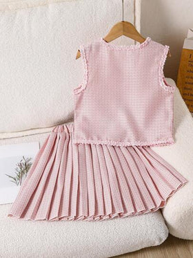 SHEIN طقم أنيق بلا أكمام من الكارديجان المزين بفيونكة وتنورة مطوية للفتيات المراهقات، صيفي