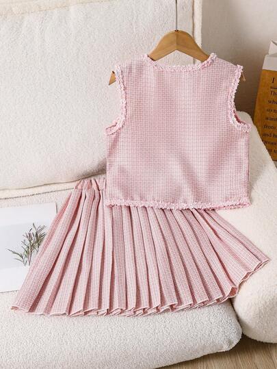 SHEIN طقم أنيق بلا أكمام من الكارديجان المزين بفيونكة وتنورة مطوية للفتيات المراهقات، صيفي