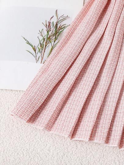 SHEIN طقم أنيق بلا أكمام من الكارديجان المزين بفيونكة وتنورة مطوية للفتيات المراهقات، صيفي
