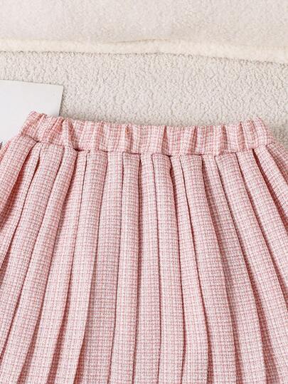 SHEIN طقم أنيق بلا أكمام من الكارديجان المزين بفيونكة وتنورة مطوية للفتيات المراهقات، صيفي