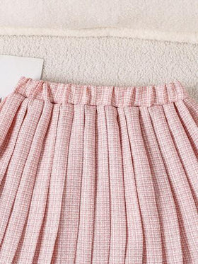 SHEIN طقم أنيق بلا أكمام من الكارديجان المزين بفيونكة وتنورة مطوية للفتيات المراهقات، صيفي