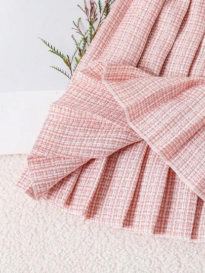 SHEIN طقم أنيق بلا أكمام من الكارديجان المزين بفيونكة وتنورة مطوية للفتيات المراهقات، صيفي