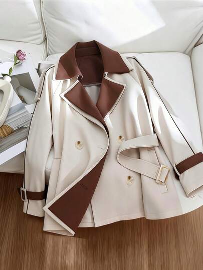SHEIN Elenzya معطف رياح أنيق بألوان متباينة مع حزام الخصر وزخرفة بالحروف اليابانية، جاكيت للنساء