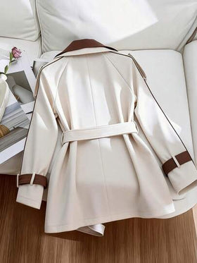 SHEIN Elenzya معطف رياح أنيق بألوان متباينة مع حزام الخصر وزخرفة بالحروف اليابانية، جاكيت للنساء
