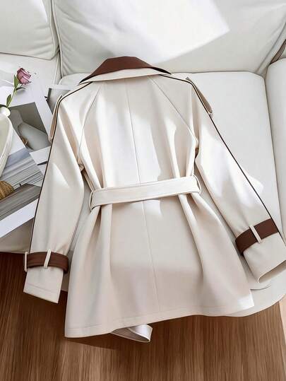 SHEIN Elenzya معطف رياح أنيق بألوان متباينة مع حزام الخصر وزخرفة بالحروف اليابانية، جاكيت للنساء