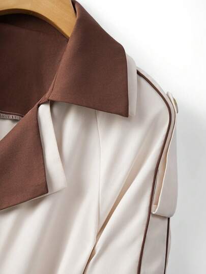 SHEIN Elenzya معطف رياح أنيق بألوان متباينة مع حزام الخصر وزخرفة بالحروف اليابانية، جاكيت للنساء