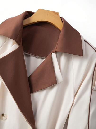 SHEIN Elenzya معطف رياح أنيق بألوان متباينة مع حزام الخصر وزخرفة بالحروف اليابانية، جاكيت للنساء